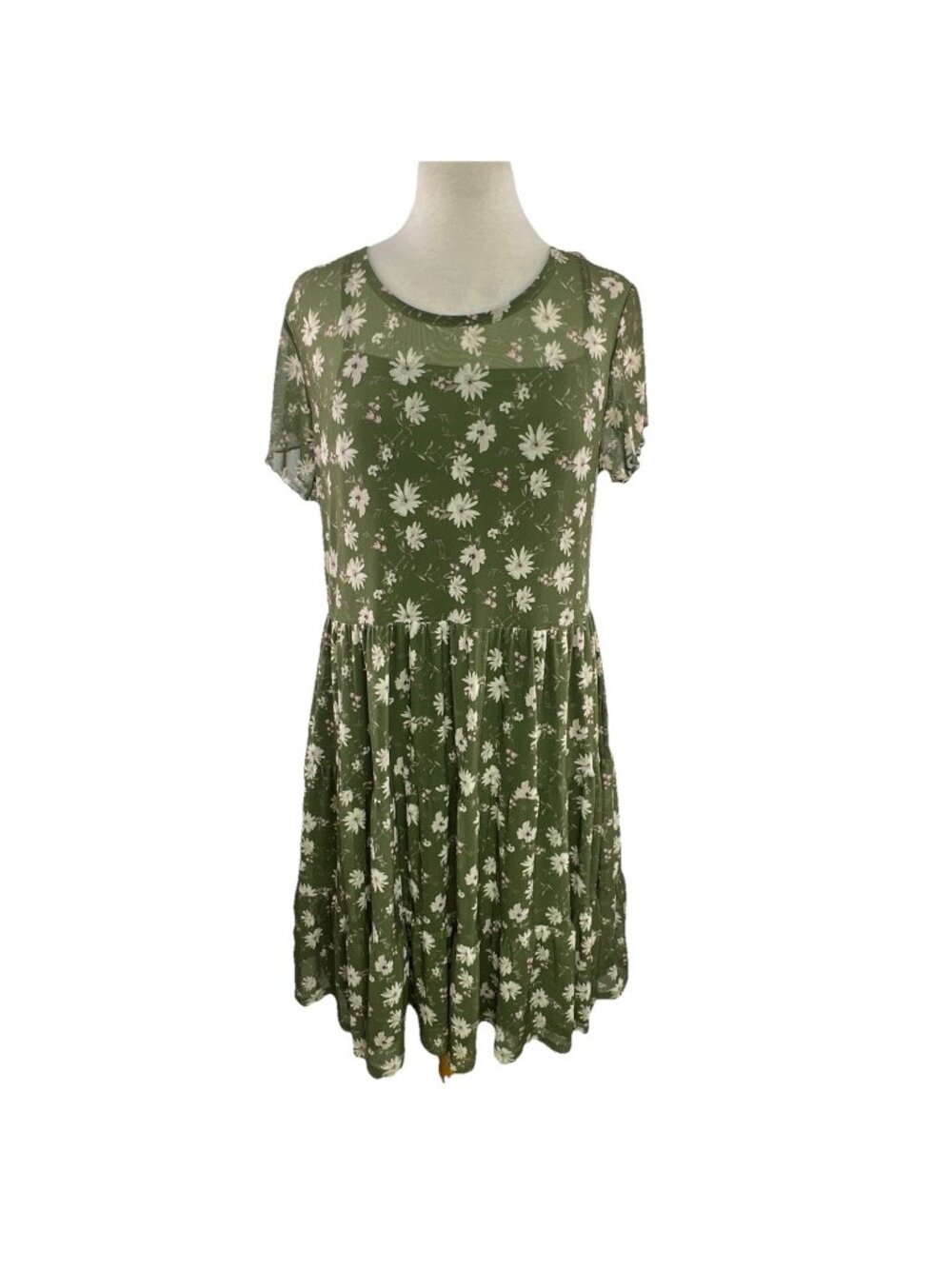 Knit Works Women Tiered Floral Dress Size 3XL Olive Green 2 Piece Mesh 22.5